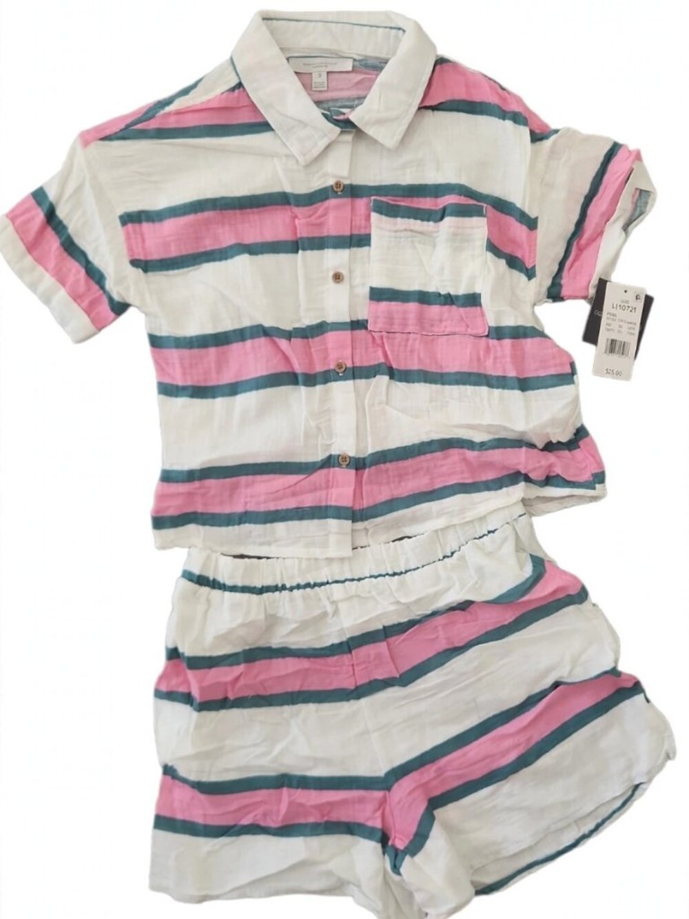 Girls Pink & White Striped 2-Piece Set Shirt + Shorts